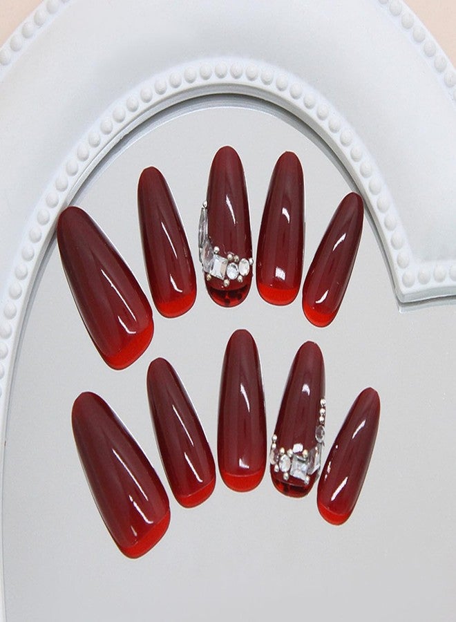 OSTTMA Dark Wine Red Press on Nails Almond Medium Fake Nails Elegant Wine Red False Nail with Diamond Rhinestones Gem Design Solid Color Acrylic Nail Reusable Glue on Nails for Women DIY Manicure,30Pcs - Image 4
